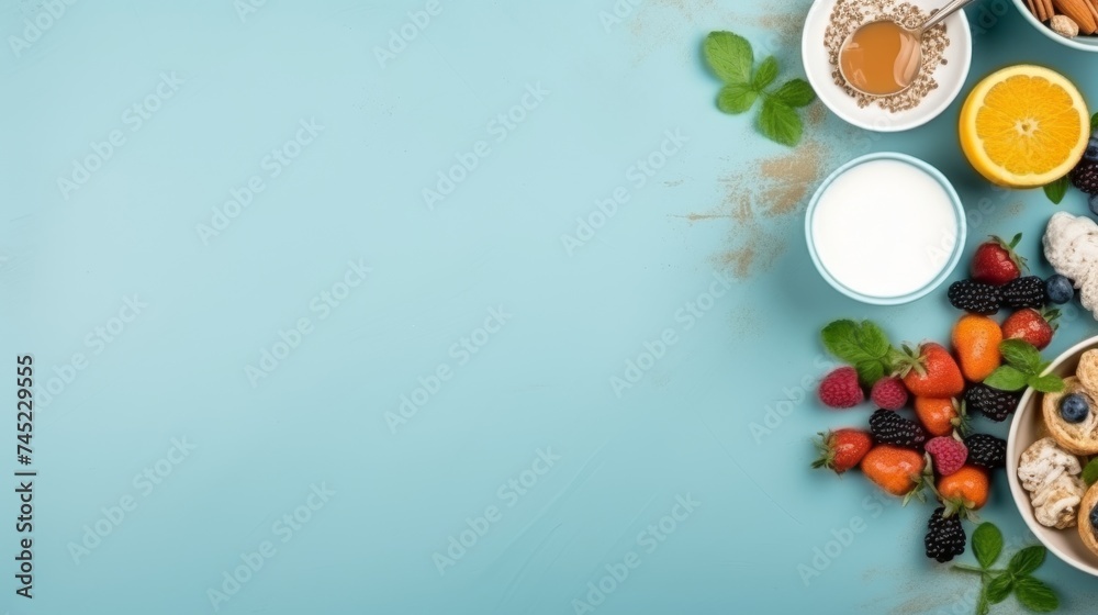Elegant breakfast spread on blue background