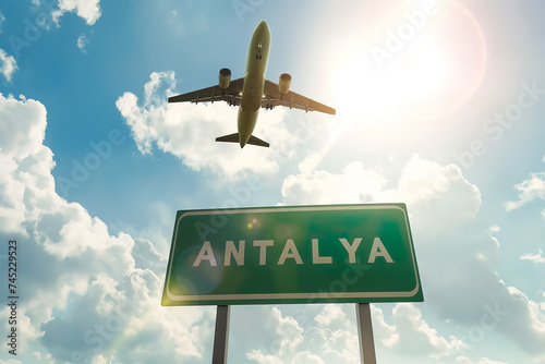 Plane landing in Antalya, Turkey, with "ANTALYA" road sign in frame	