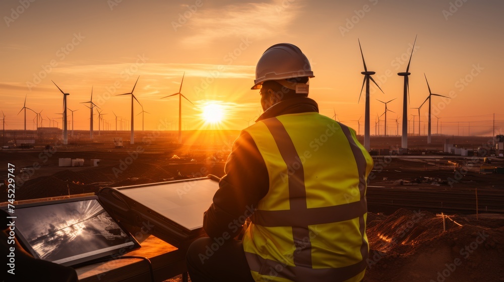 Engineer with laptop at wind farm during sunset