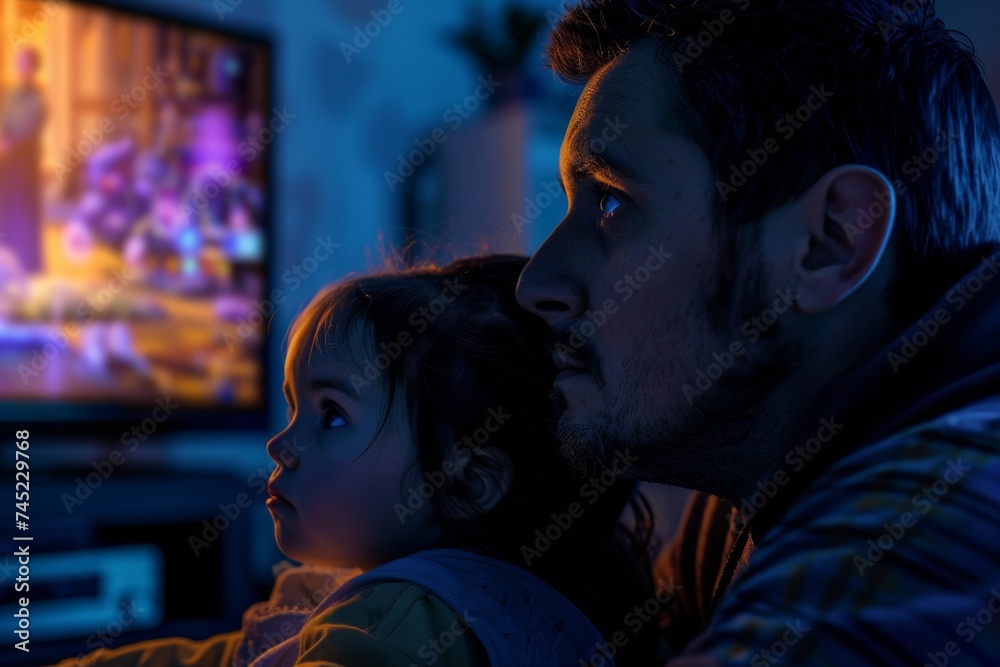 Intimate Evening Scene of Father and Daughter Engrossed in Watching Television