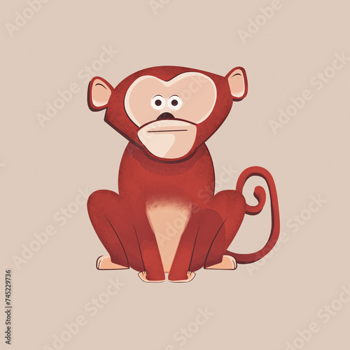 Adorable Cartoon Monkey Sitting Playfully Against a Neutral Beige Background (ID: 745229736)