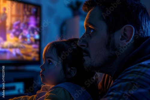 Intimate Evening Scene of Father and Daughter Engrossed in Watching Television