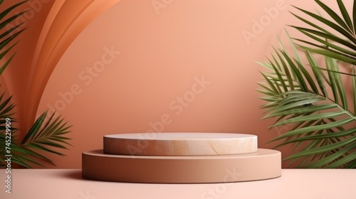 A beautiful peach Podium for the Presentation of products, Cosmetics, Awards with green palm leaves. A stage, a Showcase with an empty Space for Advertising. © liliyabatyrova