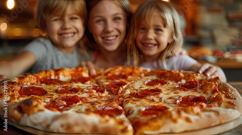 three children are posing for a picture with a large pepperoni pizza