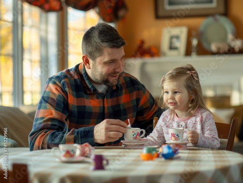 Father and Young Daughter Enjoying Pretend Tea Party at Home