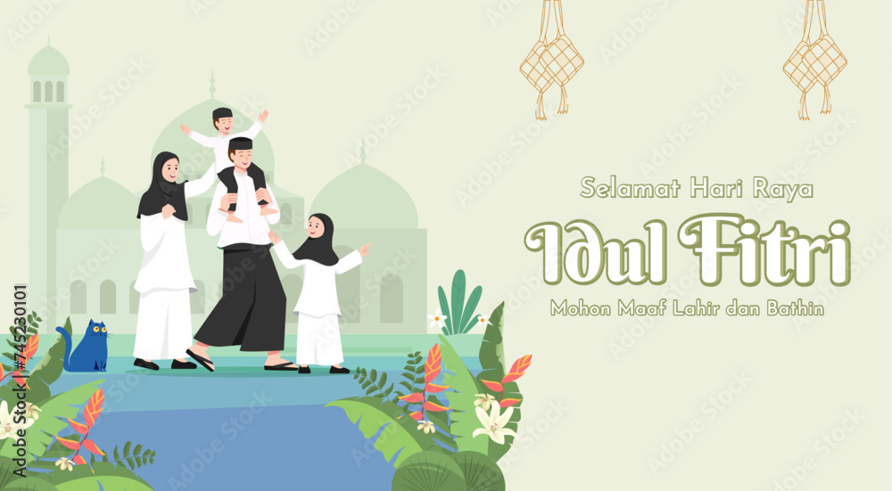 Naklejka premium Translation : Happy Eid al Fitr. Moslem Family Walking to Mosque for Praying on Eid Celebration Vector Illustration