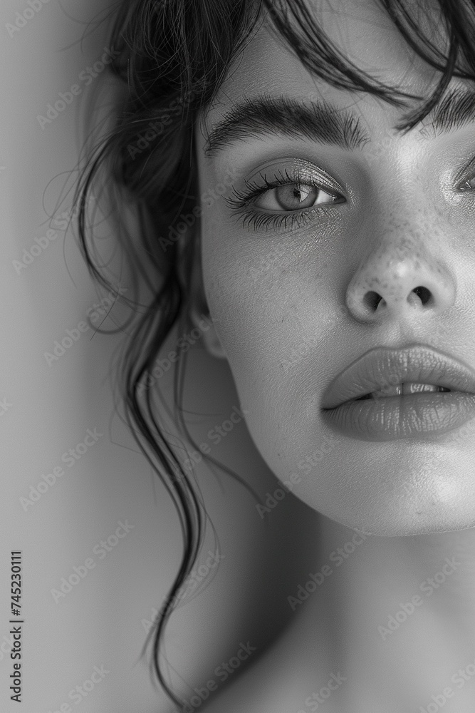 Fototapeta premium Black and white portrait of a beautiful young woman, generative AI.