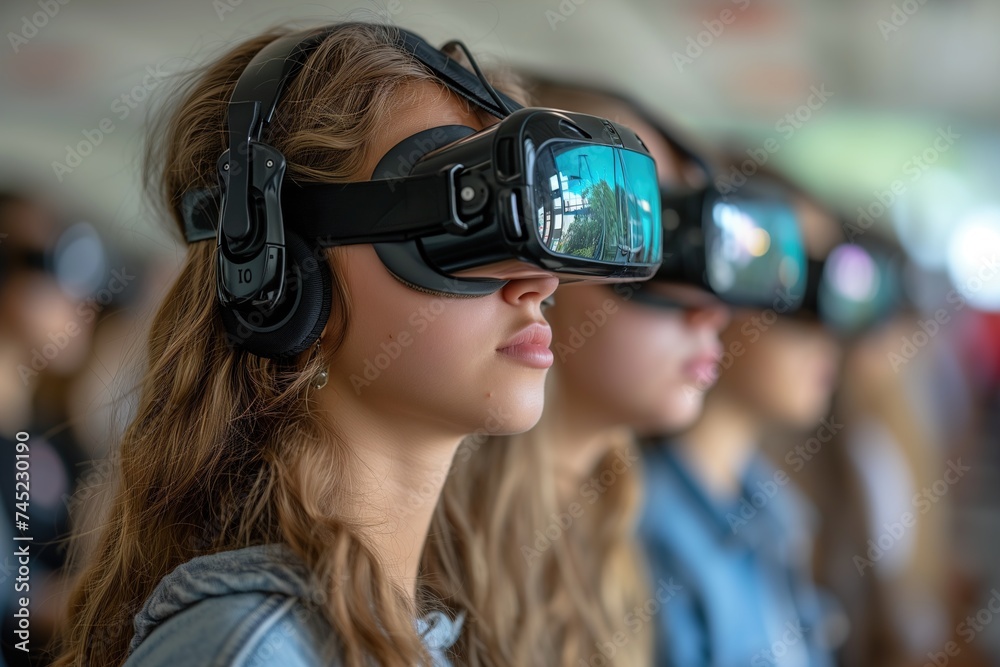 A group of stylish individuals wearing futuristic virtual reality goggles, enhancing their outdoor experience with cutting-edge eyewear and street fashion A group of stylish individuals wearing futuristic virtual reality goggles, enhancing their outdoor experience with cutting-edge eyewear and street fashion
