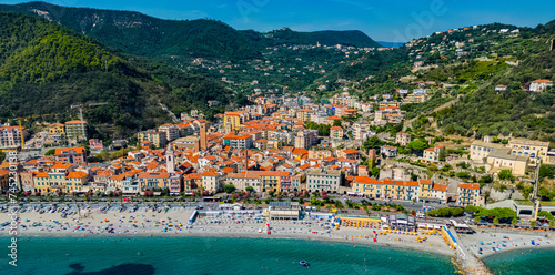 Fototapeta Naklejka Na Ścianę i Meble -  Aerial view of Noli on the Italian Riviera, Liguria, Italy