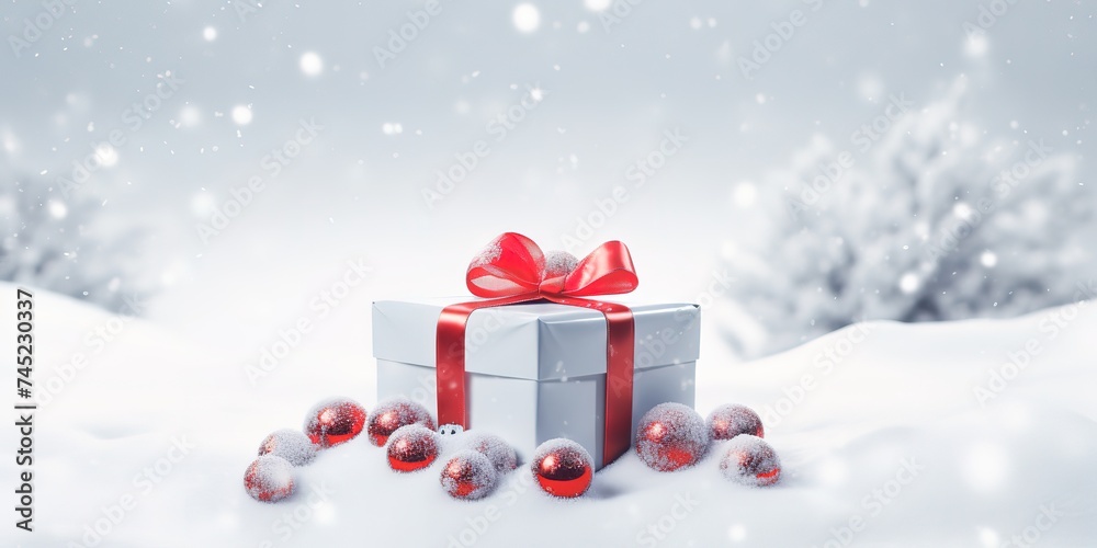 White gift box with red ribbon, red christmas decoration on snow background