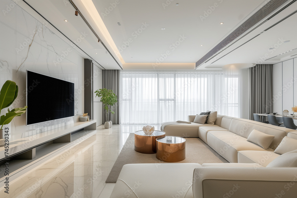 Fototapeta premium Modern minimalism, living room interior in warm white color scheme.