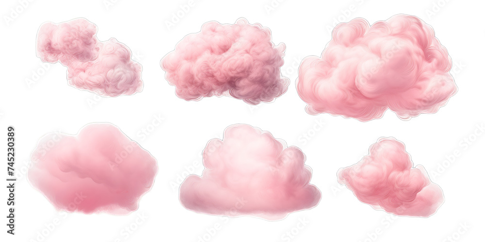 Collection of pink cloud isolated on a white background as transparent PNG