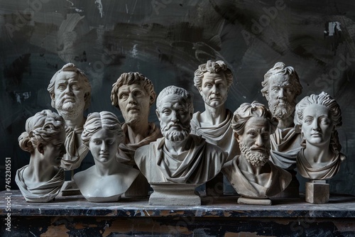 Group gypsum busts of ancient statues human heads for artists on a dark background. Plaster sculptures of antique people faces. Renaissance epoch style. Academic subject. Blank for creativity
