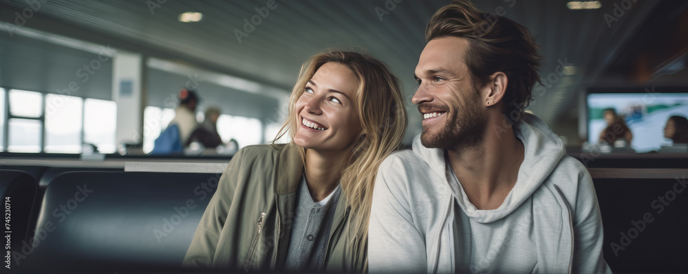 Happy young couple waiting on the airport, traveling to their vacation. Active lifestyle concept Happy young couple waiting on the airport, traveling to their vacation. Active lifestyle concept