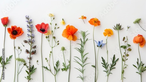 pressed flowers in a natural summer colors  knolling art on canvas  white backgroun