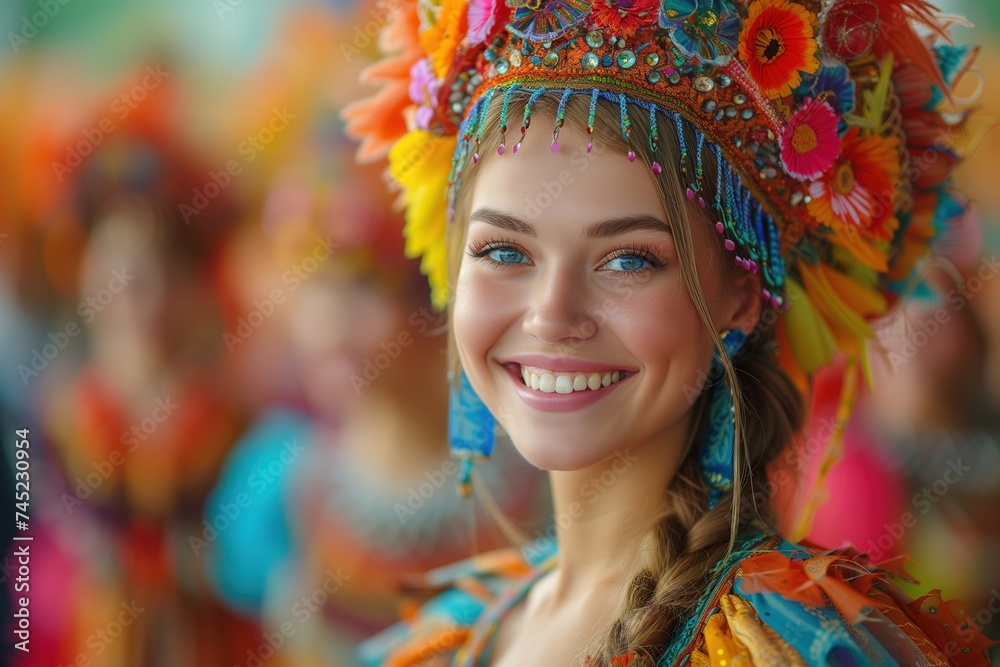 A joyous woman dances with a radiant smile, adorned in a vibrant headdress that pays homage to her cultural traditions at a lively carnival festival