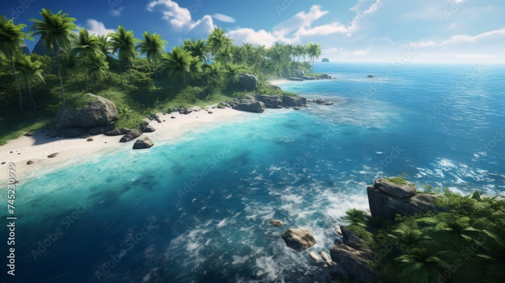 Generative AI Bird's eye perspective offering a glimpse of palm-lined shores, secluded islets, and pristine beaches creating a postcard-worthy scene in a tropical paradise.