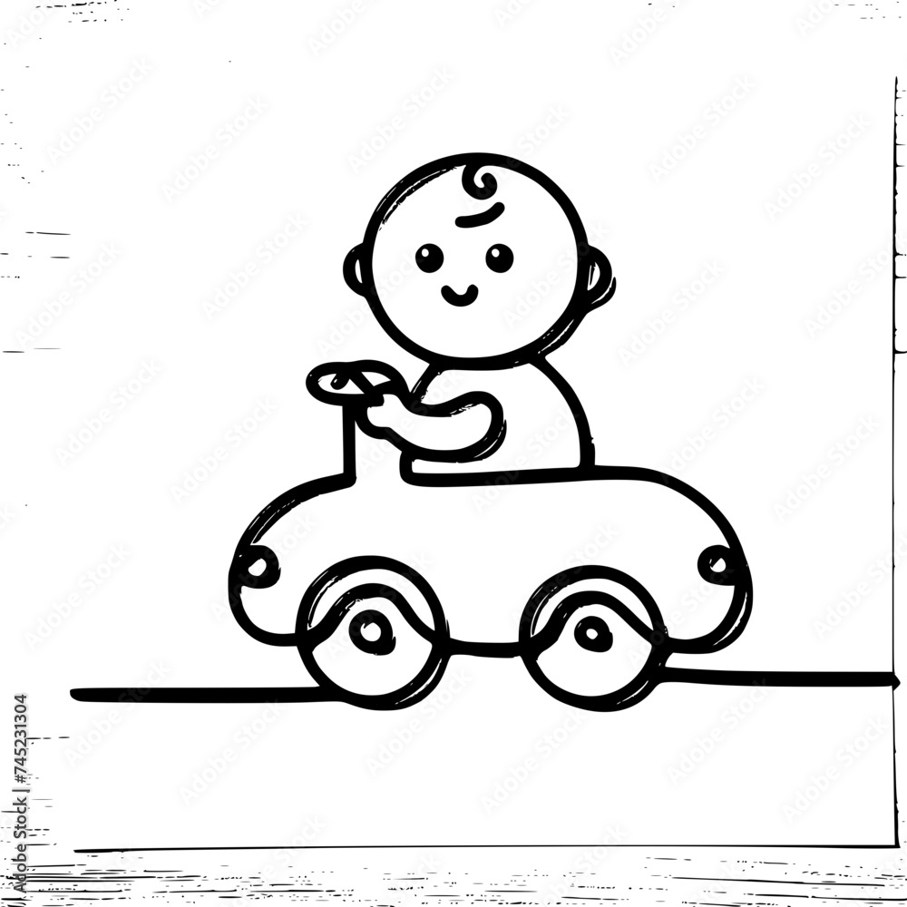 Graphic outline, one-line, vector, black and white drawing, a baby riding a car. Graphic outline, one-line, vector, black and white drawing, a baby riding a car.