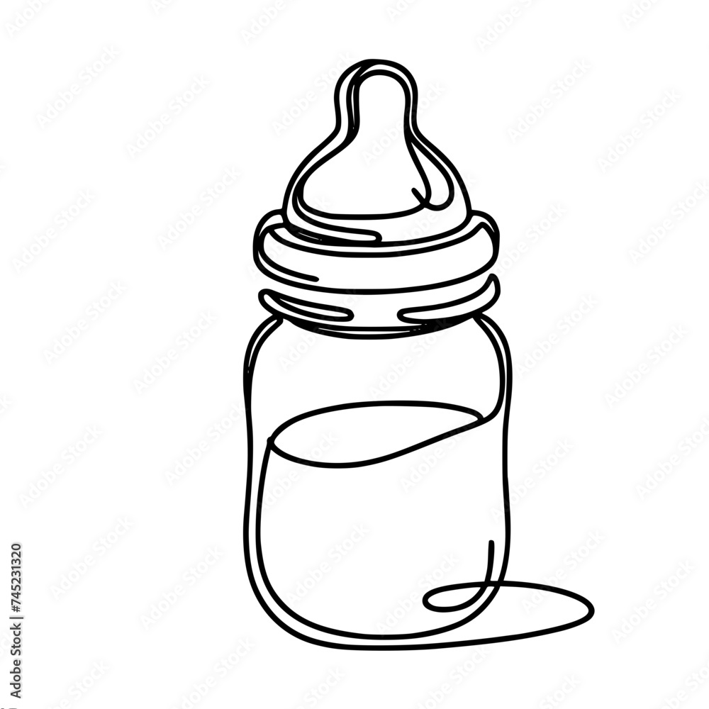 Outline, graphic, vector, black and white one line drawing, baby bottle with baby food Outline, graphic, vector, black and white one line drawing, baby bottle with baby food