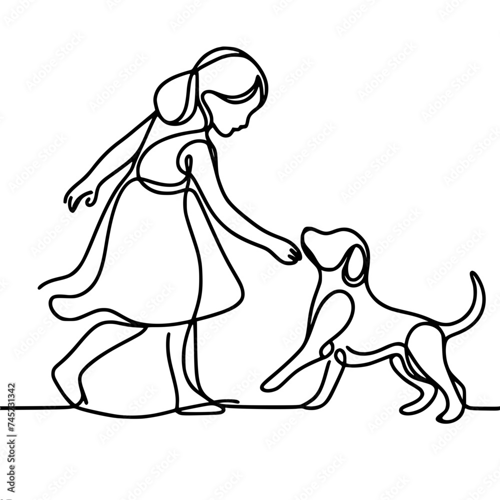 Outline, graphic, vector, black and white one line drawing, a girl in a dress plays with a dog, isolated on a white background.