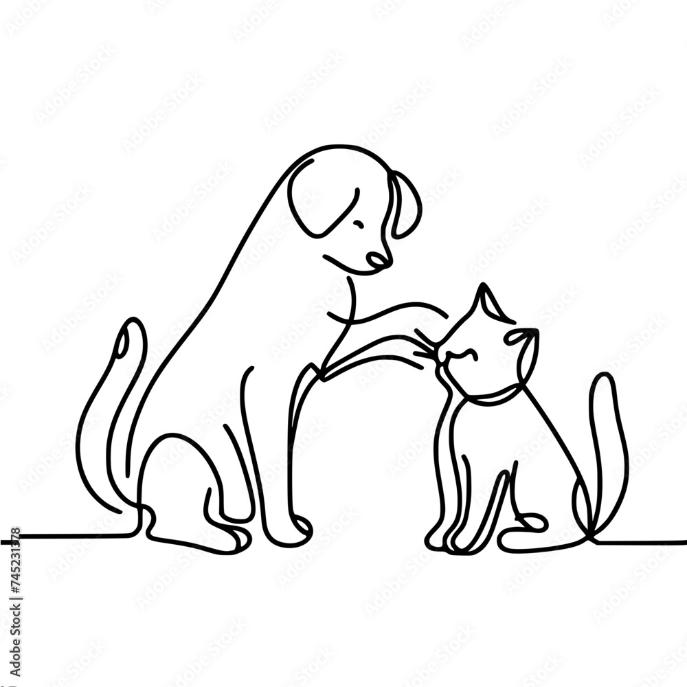 Contour, graphics, vector, black and white one line drawing, a dog touches a cat with its paw