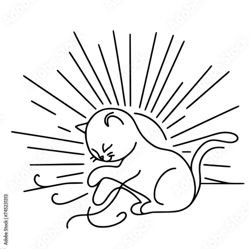 Single-line vector image, a kitten basks in the rays of the sun, squinting and stretching