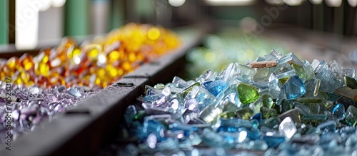 A variety of differently colored glass pieces are scattered across a table, showcasing the range of glass waste processed at a recycling facility for creating new products. photo