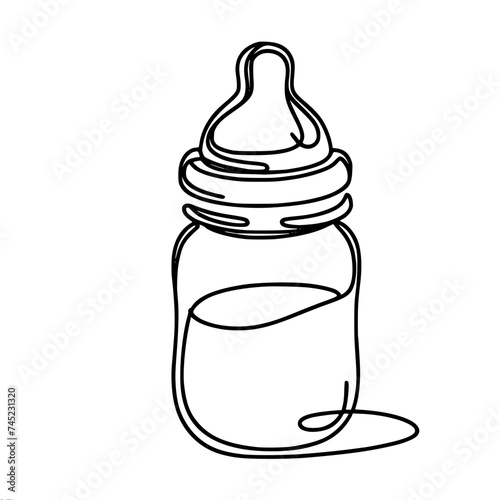 Outline, graphic, vector, black and white one line drawing, baby bottle with baby food