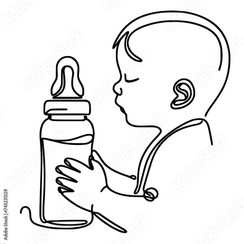 Outline, graphic, vector, black and white one line drawing, baby holding baby bottle