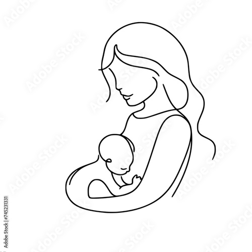 Single line vector image of a mother breastfeeding her baby. Concept of care and motherhood.