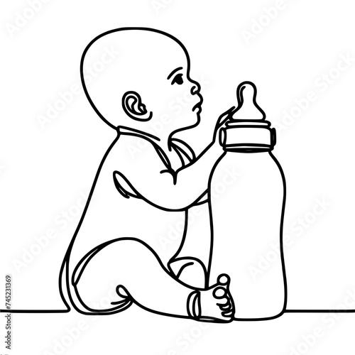 Outline, graphic, vector, black and white one line drawing, baby sitting and holding a baby bottle