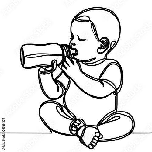 Outline, graphic, vector, black and white one line drawing, baby sitting and drinking from a baby bottle
