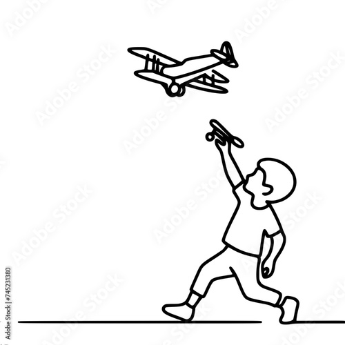 Contour, graphic, vector,black and white one line drawing, a child runs and plays with a plane in his hands, an airplane is flying in the sky