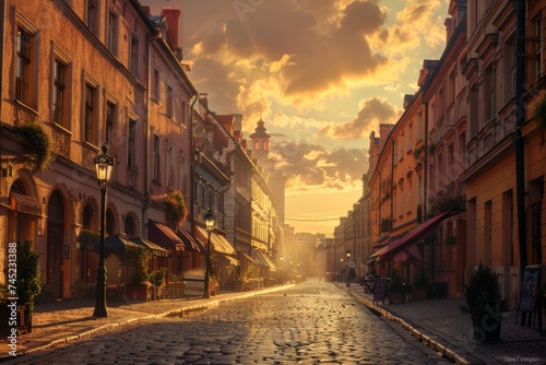Sunset Over the Multicolored Facades of Old Town Market Square in Warsaw, Poland photo