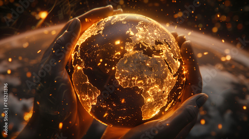 gold shining earth protect in the hand