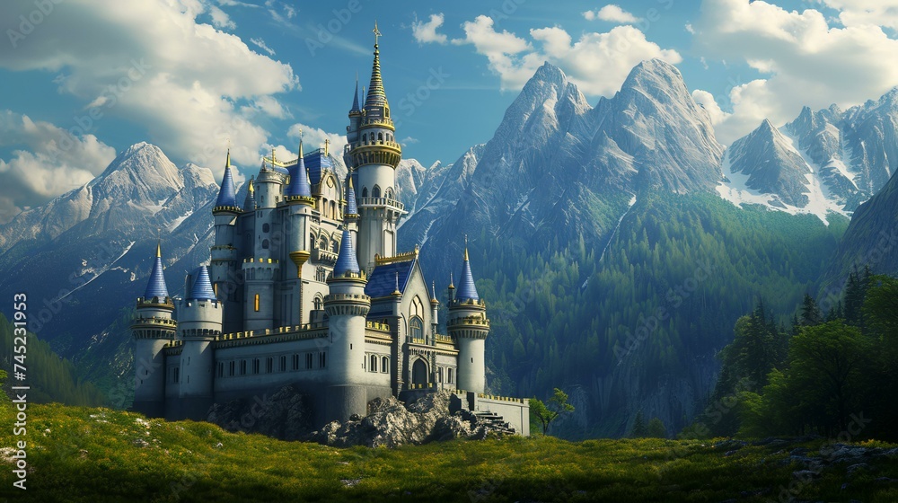 Magic Fairy Tale Princess Castle in the mountains. 3D Rendering - obrazy, fototapety, plakaty 
