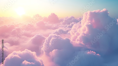 Aerial view above clouds at sunset. Top view above clouds. photo