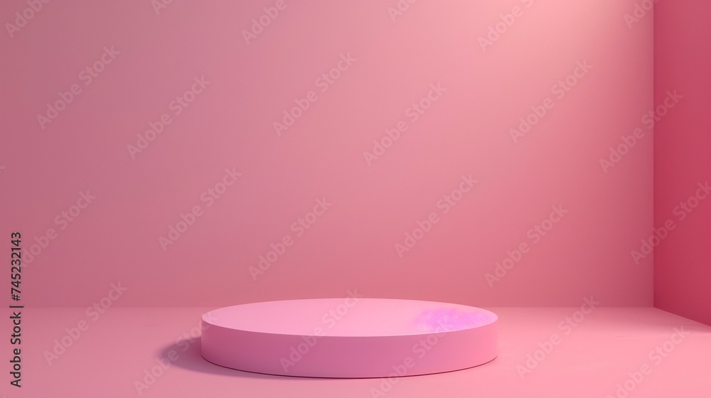 Minimalistic  scene with pink podium and palm leaf. 3D rendering