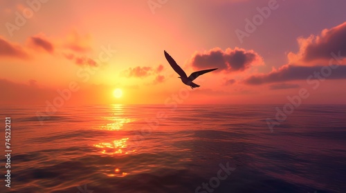 Seagull flying over the sea at sunset. 3d render © Robina