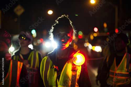 Under the glare of streetlights, protesters donning fluorescent traffic vests form a human blockade on the busy road, their resolve unwavering.