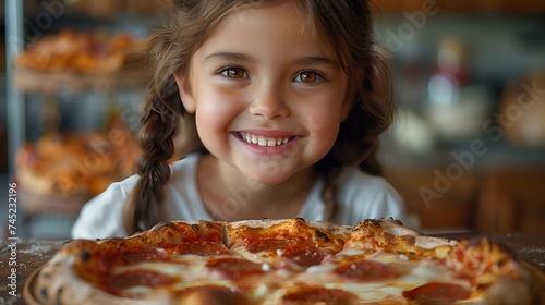 Happy girl holding pepperoni pizza, smiling. Fast food dish