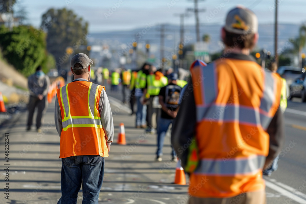 Against the backdrop of urban sprawl, demonstrators clad in traffic vests form a barrier on the road, their collective voice echoing through the streets. Against the backdrop of urban sprawl, demonstrators clad in traffic vests form a barrier on the road, their collective voice echoing through the streets.