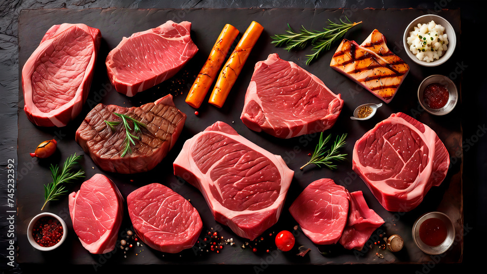 Sumptuous Symphony: A Captivating Culinary Canvas of Prime Beef Steaks and Luscious Raw Cuts on a Rustic, Dark Table Sumptuous Symphony: A Captivating Culinary Canvas of Prime Beef Steaks and Luscious Raw Cuts on a Rustic, Dark Table