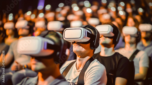 A group of people experiencing virtual reality with VR headsets at a tech event or conference.