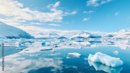 Icebergs reflecting in calm sea water 