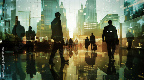 double exposure of a city and business people 