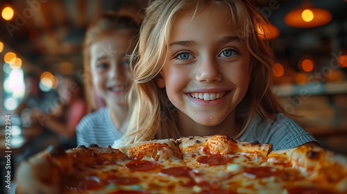 Young girl smiling with a pizza  her favorite fast food dish