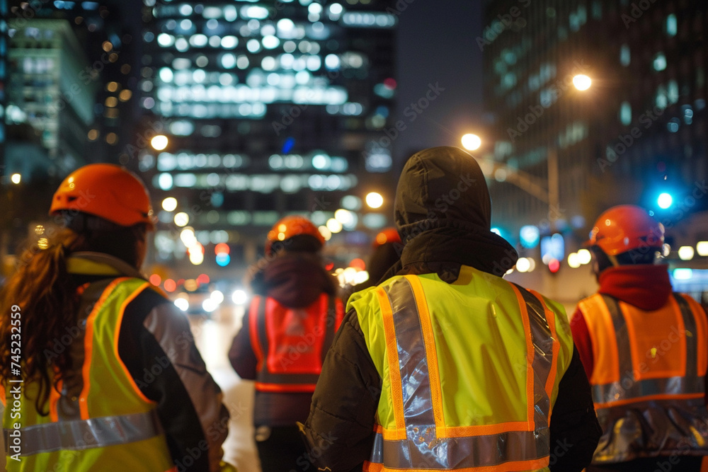 Against the backdrop of city lights, activists wearing traffic vests unite in protest, their presence on the road a testament to their commitment to change. Against the backdrop of city lights, activists wearing traffic vests unite in protest, their presence on the road a testament to their commitment to change.