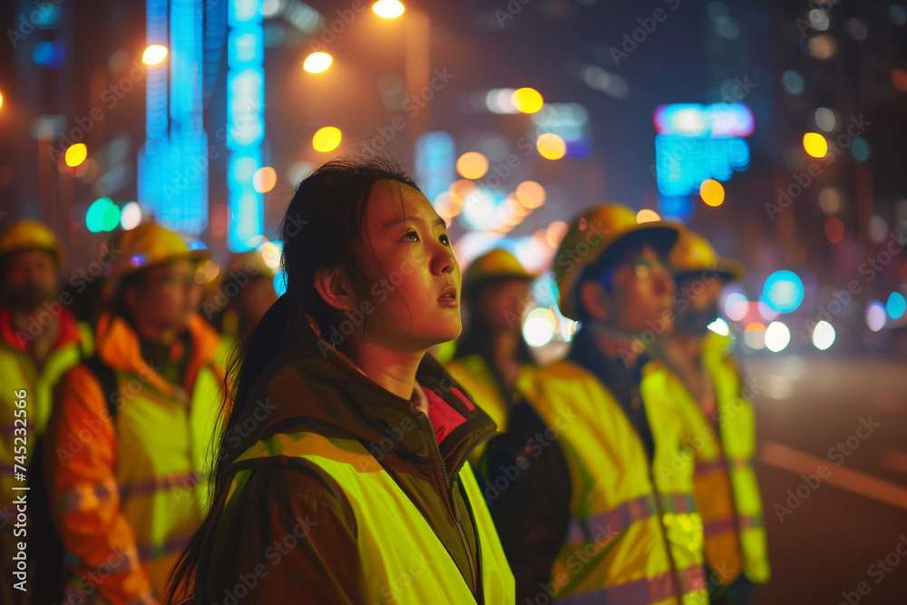 Against the backdrop of city lights, activists wearing traffic vests unite in protest, their presence on the road a testament to their commitment to change. Against the backdrop of city lights, activists wearing traffic vests unite in protest, their presence on the road a testament to their commitment to change.