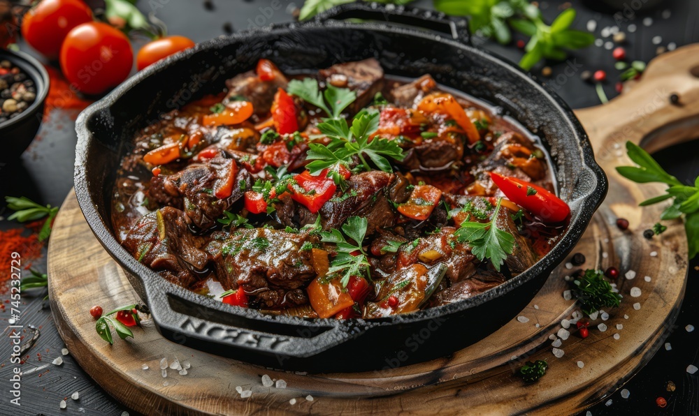 A sizzling iron skillet showcasing a juicy steak alongside vibrant bell peppers, onions, and aromatic herbs, perfect for cooking and culinary concepts A sizzling iron skillet showcasing a juicy steak alongside vibrant bell peppers, onions, and aromatic herbs, perfect for cooking and culinary concepts